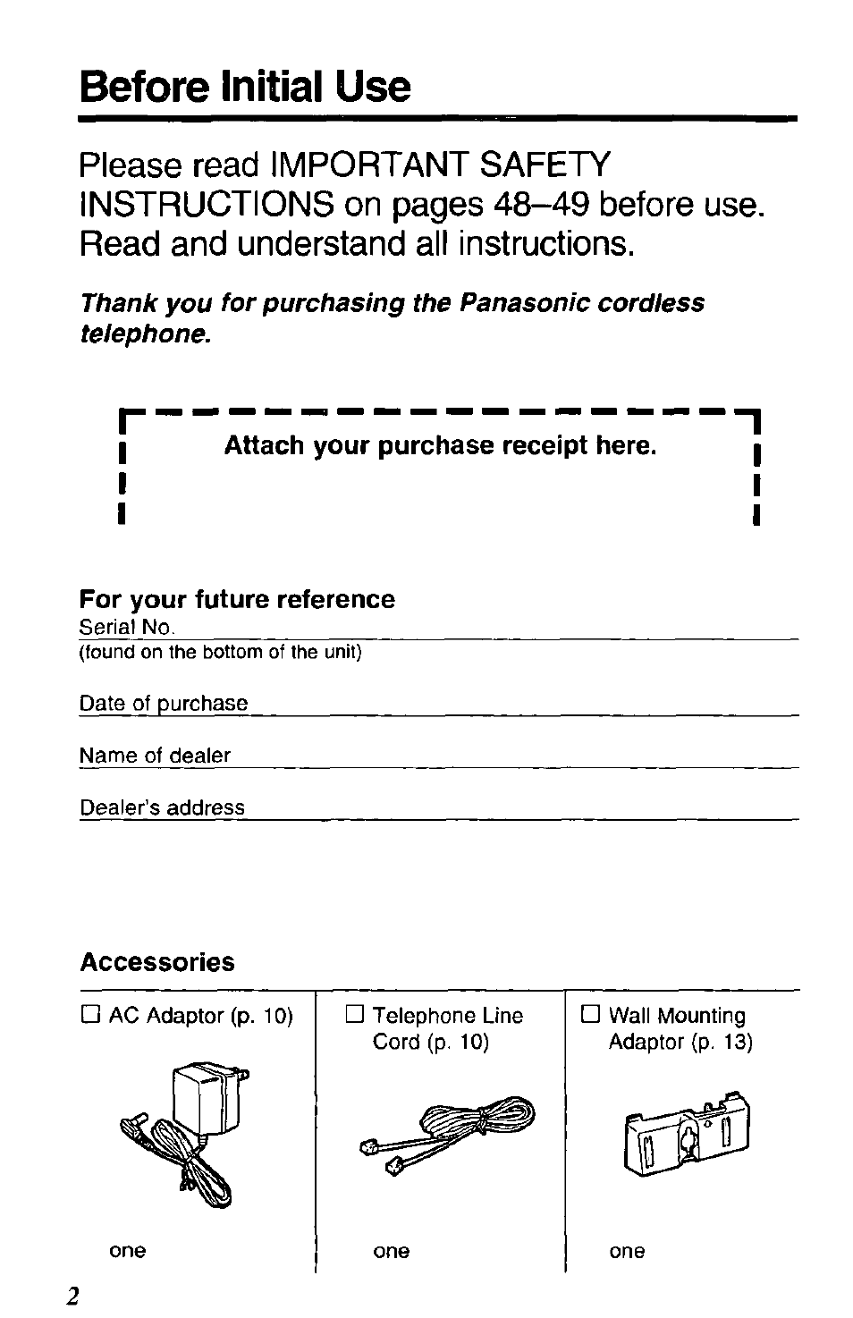 Before initial use | Panasonic SOUND CHANGER KX-T4168-B User Manual | Page 2 / 52