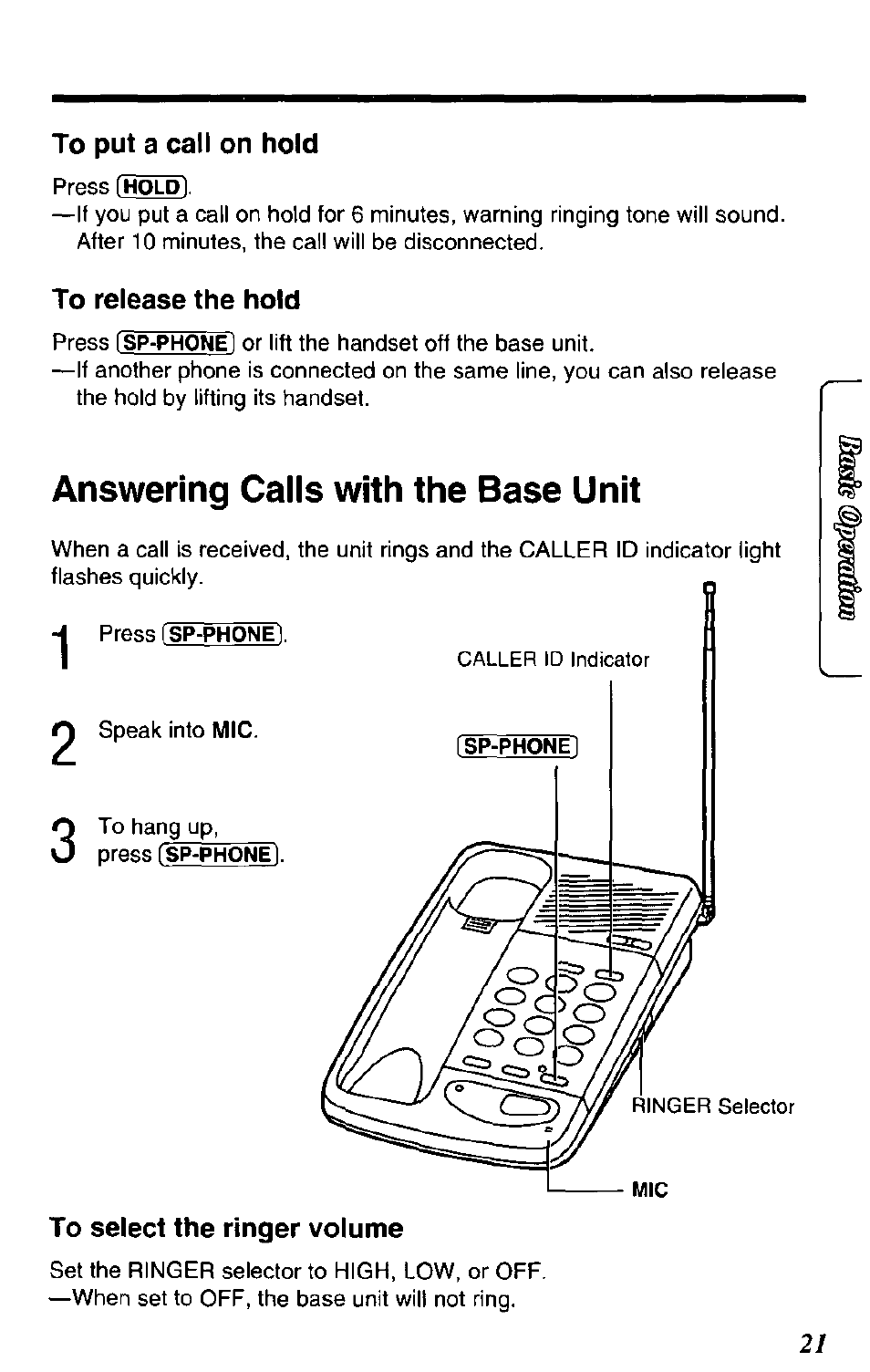 To put a call on hold, To release the hold, Answering calls with the base unit | Panasonic SOUND CHANGER KX-T4168-B User Manual | Page 21 / 52