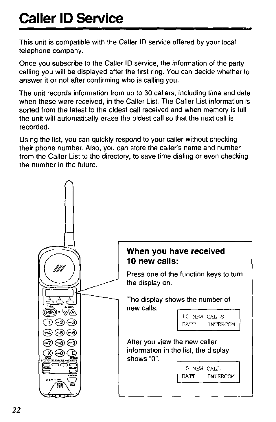 Caller id service, When you have received 10 new calls, J)0)@) | Panasonic SOUND CHANGER KX-T4168-B User Manual | Page 22 / 52