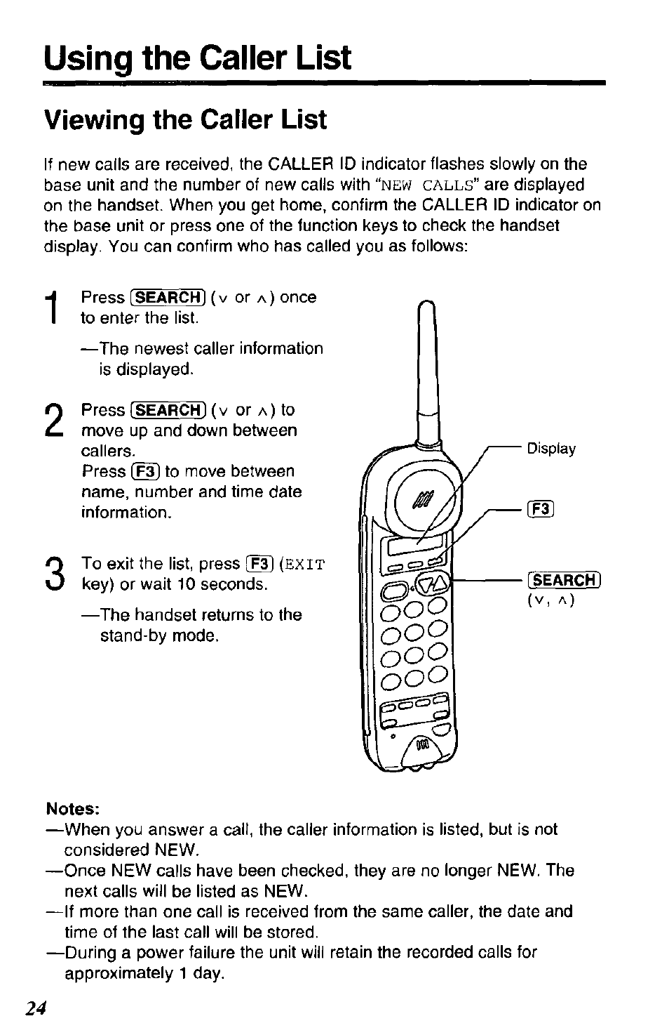 Using the caller list, Viewing the caller list | Panasonic SOUND CHANGER KX-T4168-B User Manual | Page 24 / 52