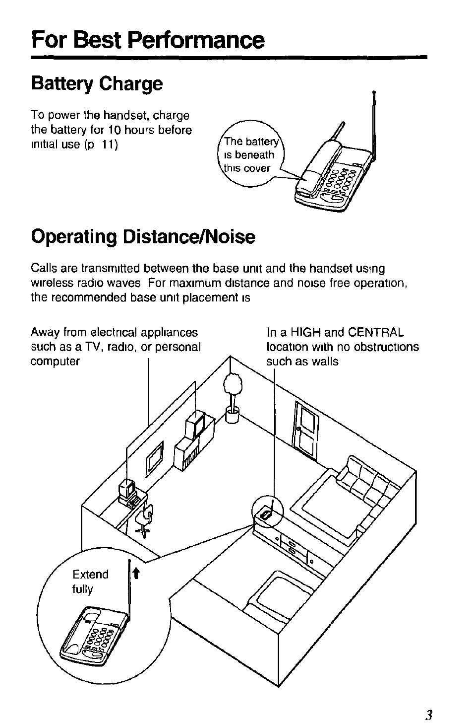 For best performance, Battery charge, Operating distance/noise | Panasonic SOUND CHANGER KX-T4168-B User Manual | Page 3 / 52