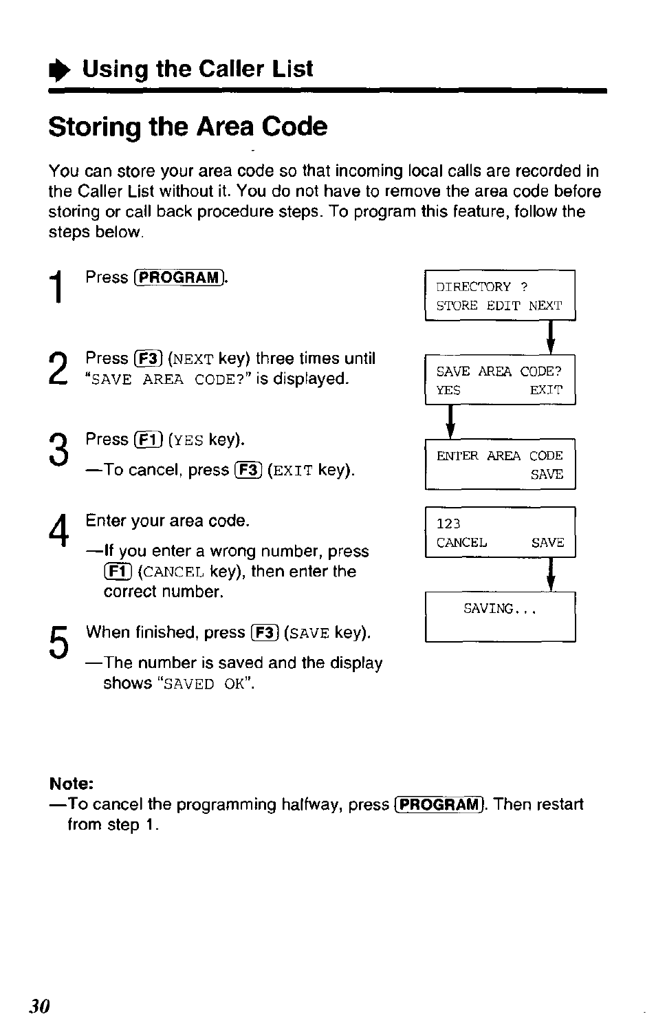 Storing the area code, Using the caller list | Panasonic SOUND CHANGER KX-T4168-B User Manual | Page 30 / 52