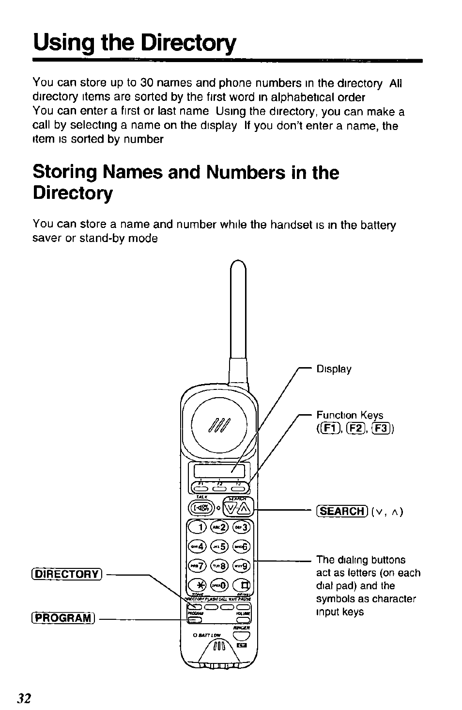 Using the directory, Storing names and numbers in the directory | Panasonic SOUND CHANGER KX-T4168-B User Manual | Page 32 / 52