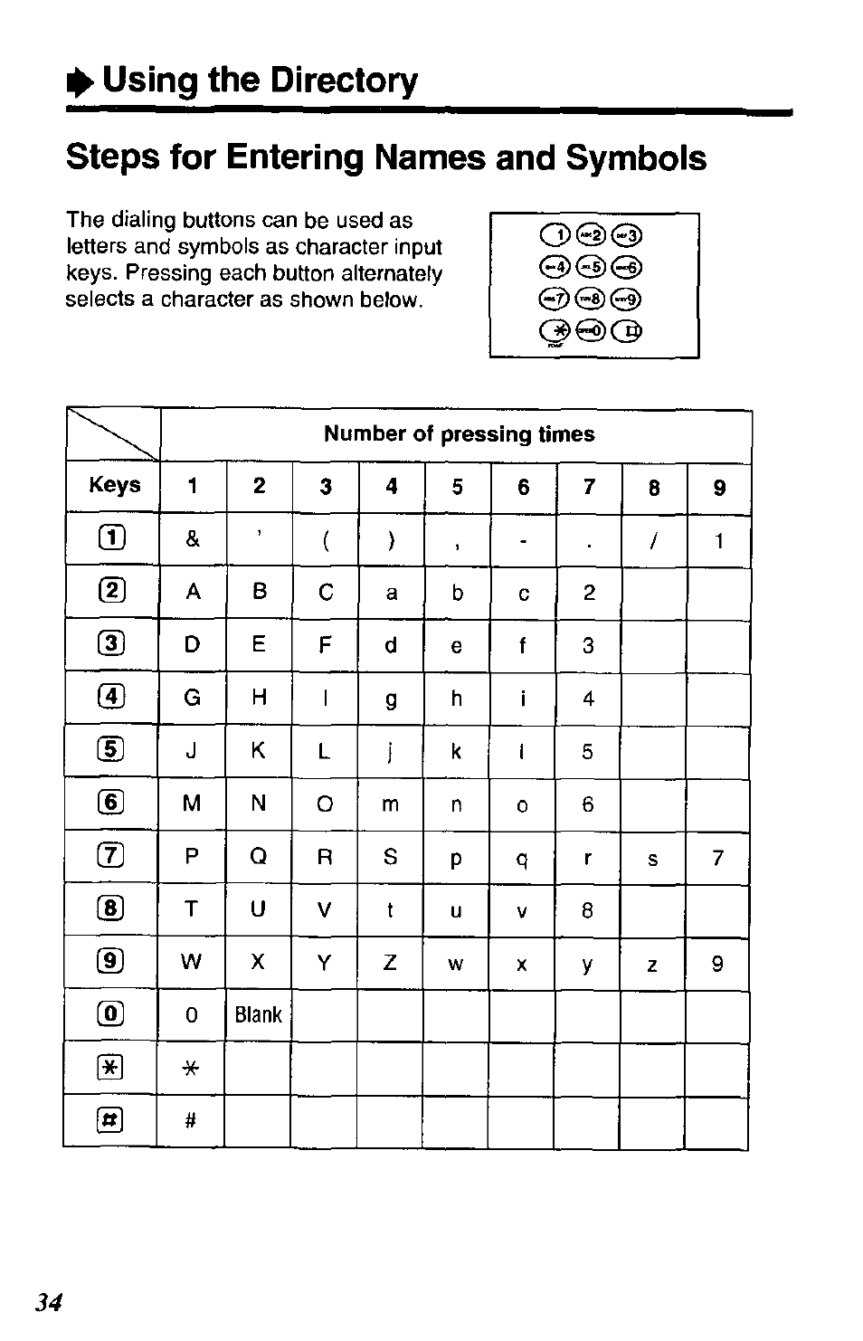 Steps for entering names and symbols, Steps lor entering names and symbols, Using the directory | Panasonic SOUND CHANGER KX-T4168-B User Manual | Page 34 / 52