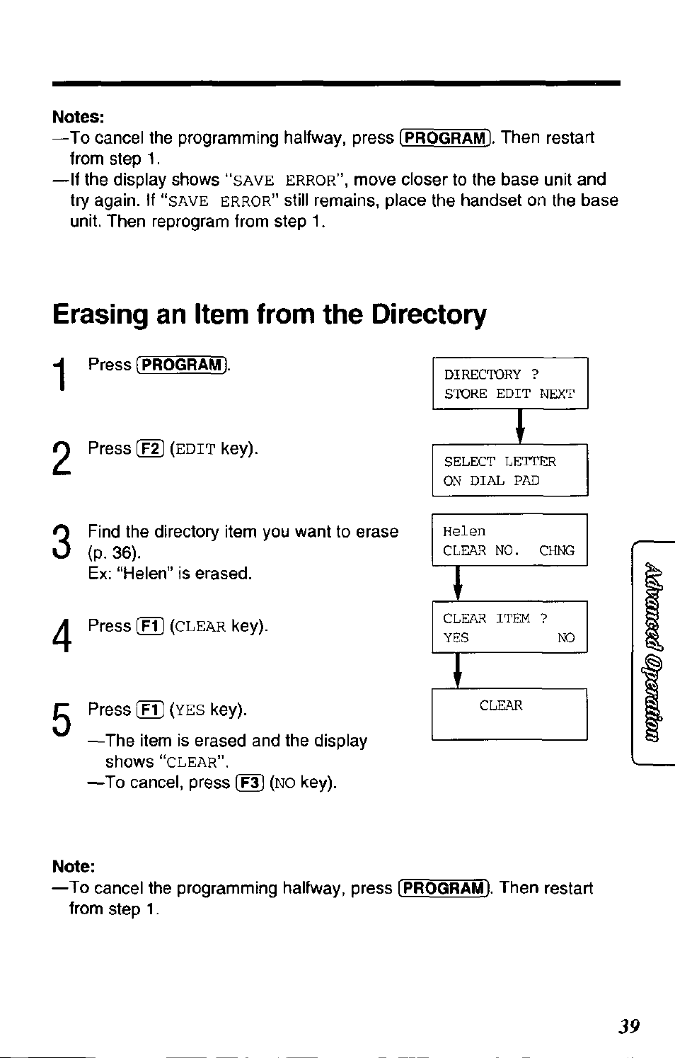 Erasing an item from the directory | Panasonic SOUND CHANGER KX-T4168-B User Manual | Page 39 / 52