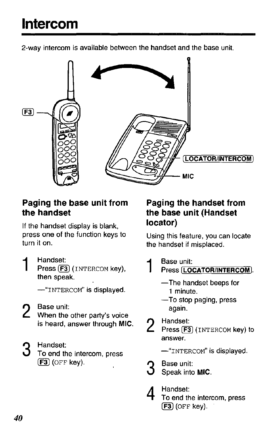 Intercom, Paging the base unit from the handset | Panasonic SOUND CHANGER KX-T4168-B User Manual | Page 40 / 52