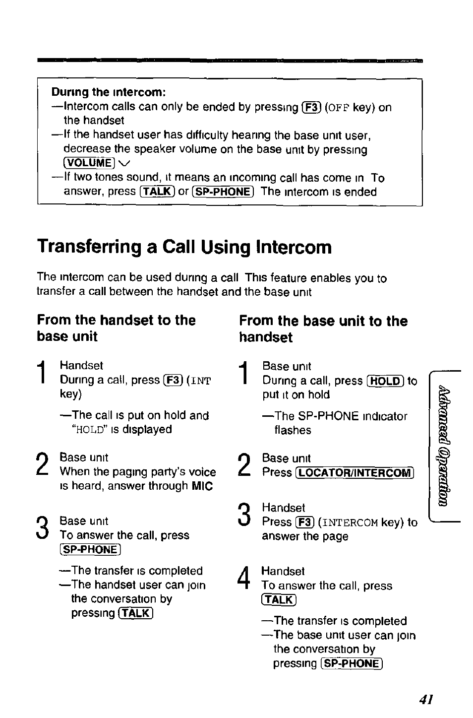 Transferring a call using intercom, From the handset to the base unit, From the base unit to the handset | Panasonic SOUND CHANGER KX-T4168-B User Manual | Page 41 / 52