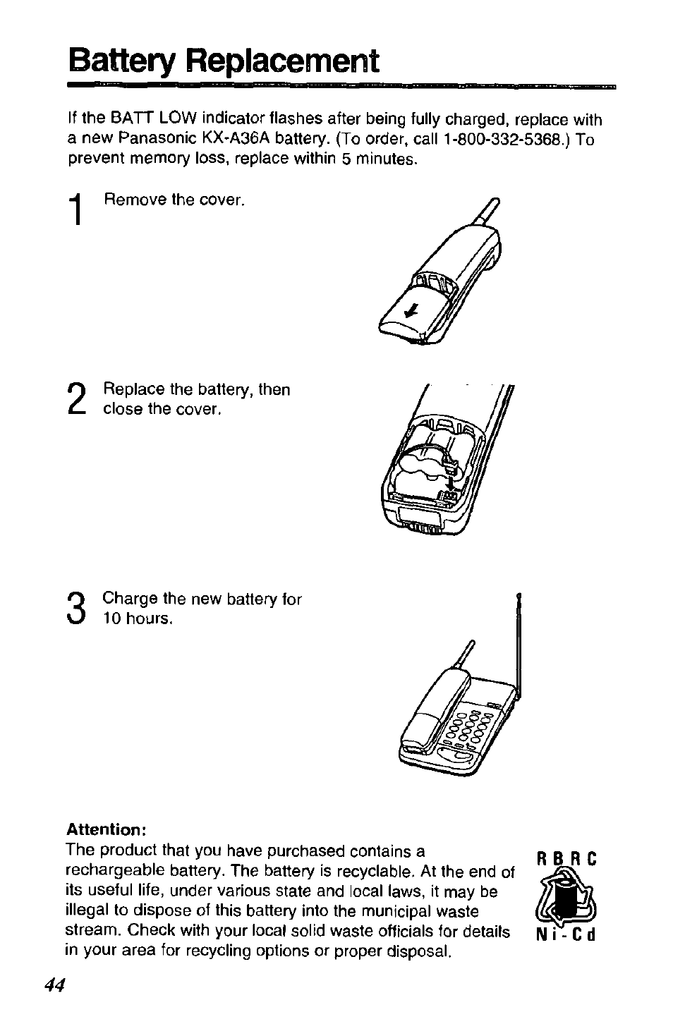 Battery replacement | Panasonic SOUND CHANGER KX-T4168-B User Manual | Page 44 / 52