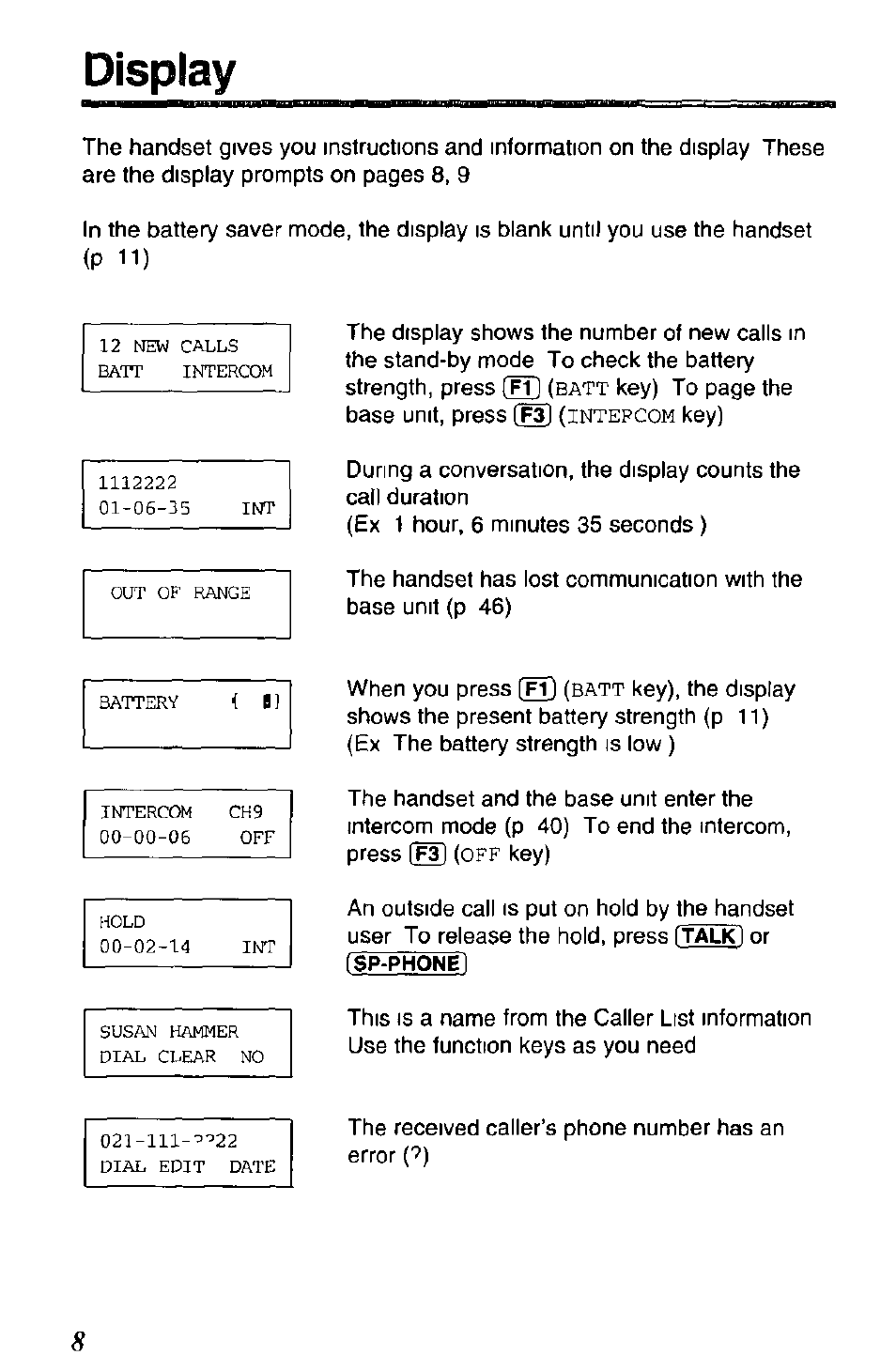 Display, Sp-phonel | Panasonic SOUND CHANGER KX-T4168-B User Manual | Page 8 / 52