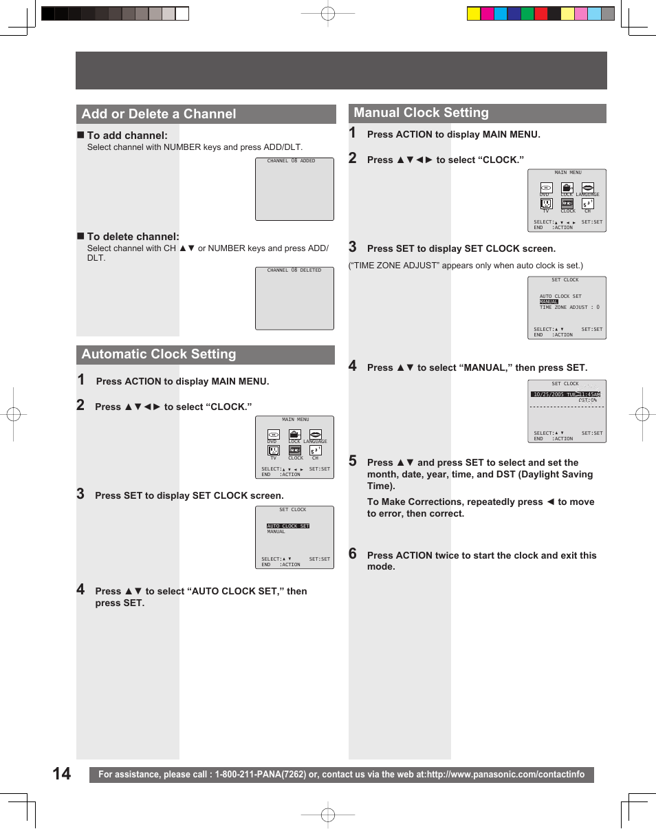 Add or delete a chan nel, Automatic clock setting, Manual clock setting | Panasonic PV DF205 User Manual | Page 14 / 64