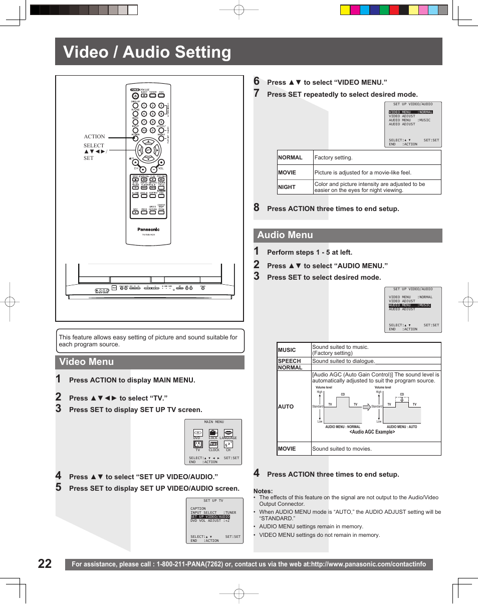 Video / audio setting, Video menu audio menu | Panasonic PV DF205 User Manual | Page 22 / 64