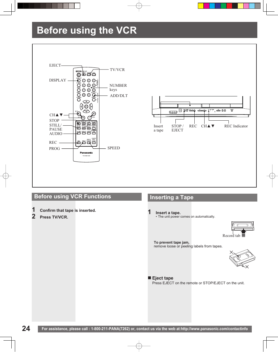 Before using the vcr, Before using vcr functions, Inserting a tape | Panasonic PV DF205 User Manual | Page 24 / 64