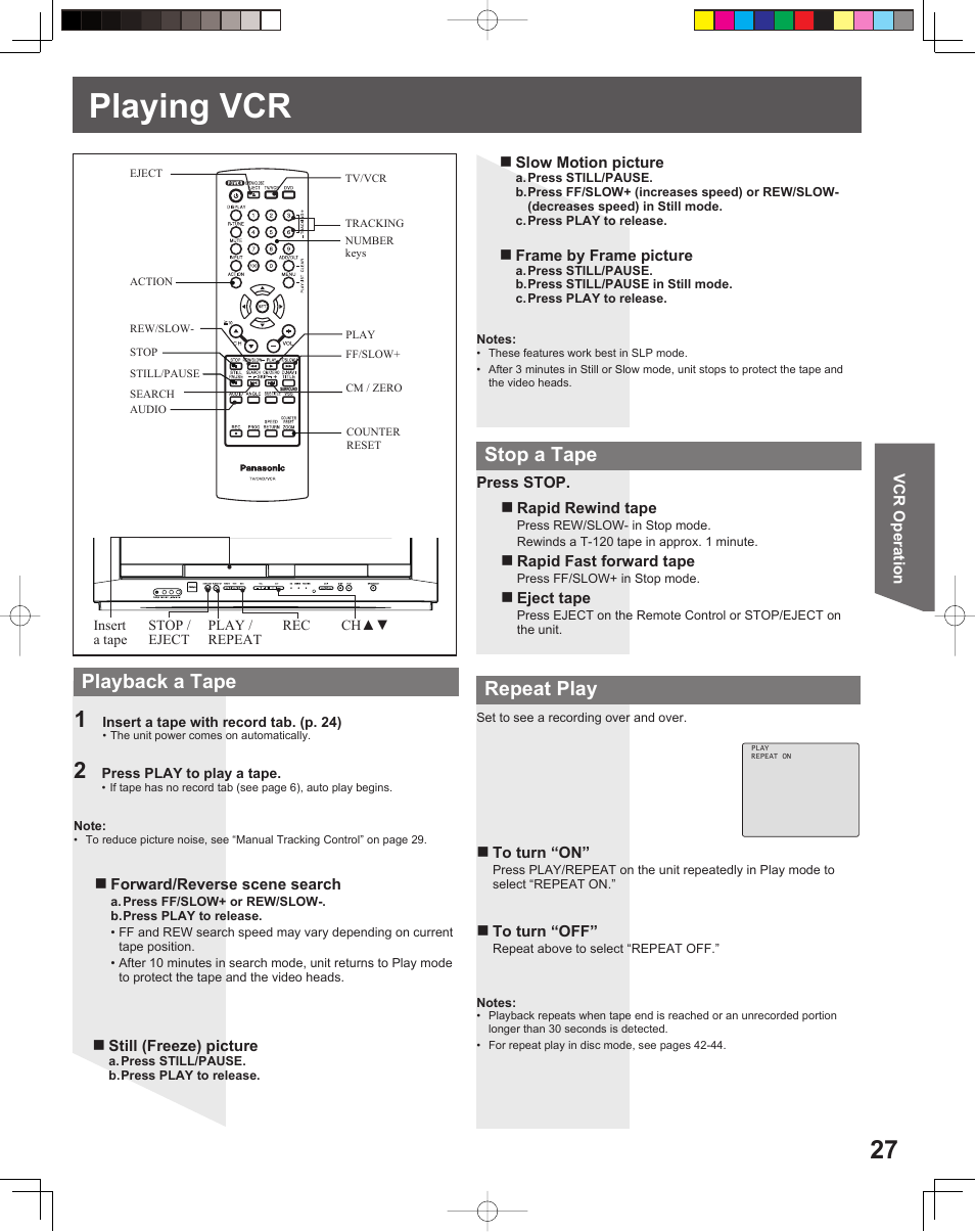Playing vcr, Playback a tape, Stop a tape | Repeat play | Panasonic PV DF205 User Manual | Page 27 / 64