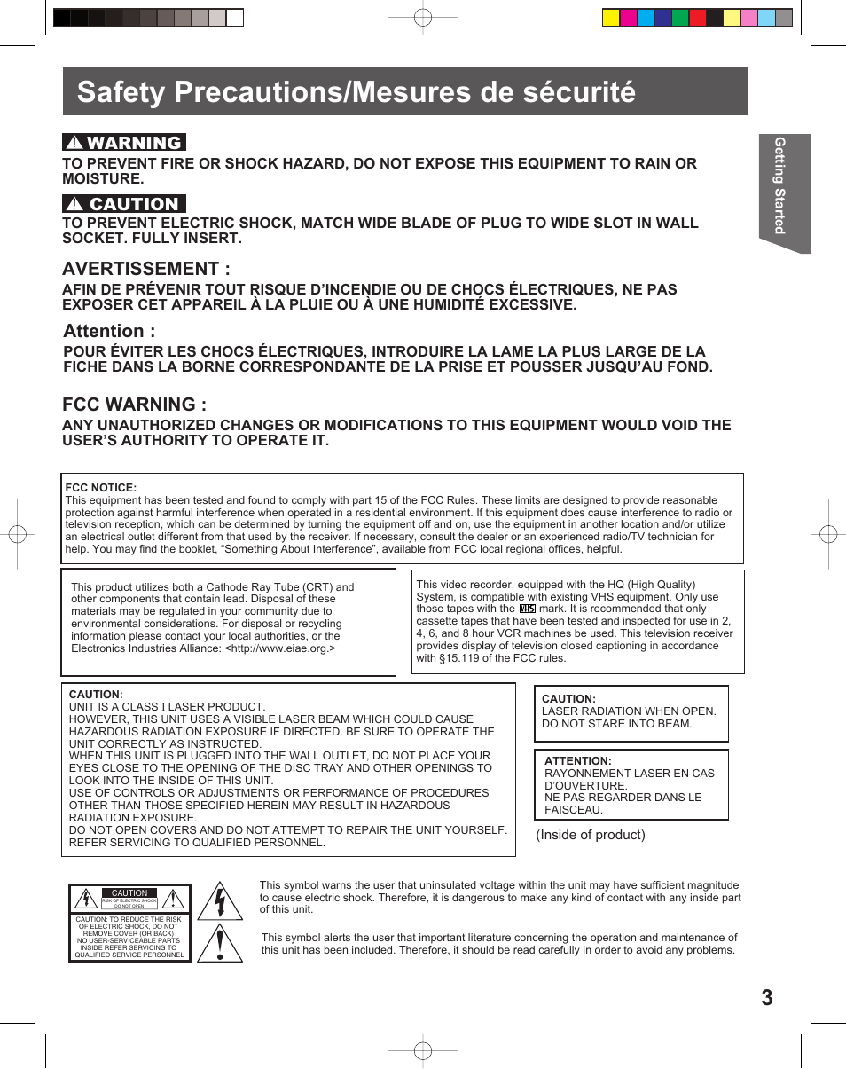 Safety precautions / mesures de securite, Safety precautions/mesures de sécurité, Fcc warning | Avertissement, Attention, Warning, Caution | Panasonic PV DF205 User Manual | Page 3 / 64