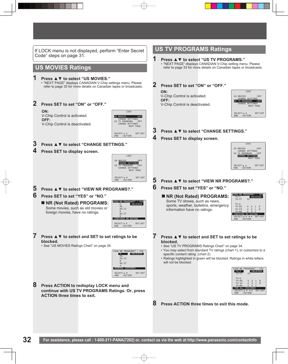 Us tv programs ratings, Us movies ratings, Nr (not rated) programs | Panasonic PV DF205 User Manual | Page 32 / 64