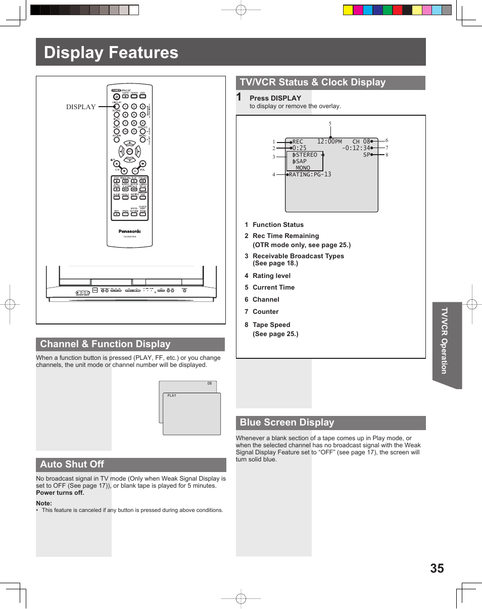 Display features, Auto shut off | Panasonic PV DF205 User Manual | Page 35 / 64