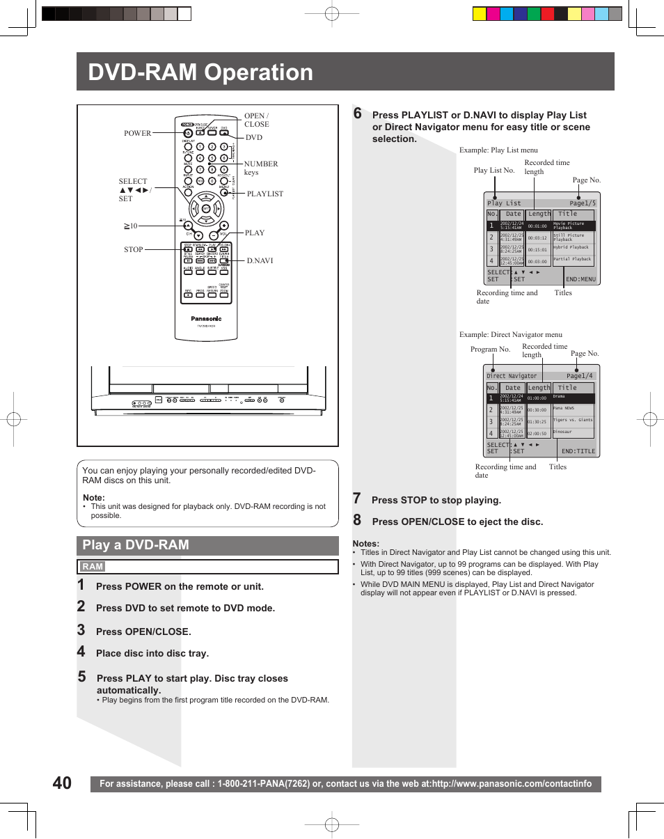 Dvd-ram operation, Play a dvd-ram | Panasonic PV DF205 User Manual | Page 40 / 64