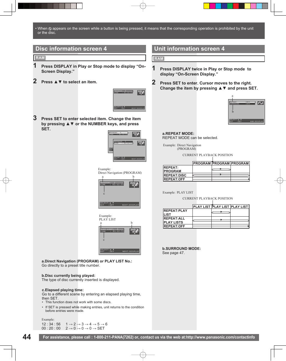 Unit information screen 4, Disc information screen 4 | Panasonic PV DF205 User Manual | Page 44 / 64