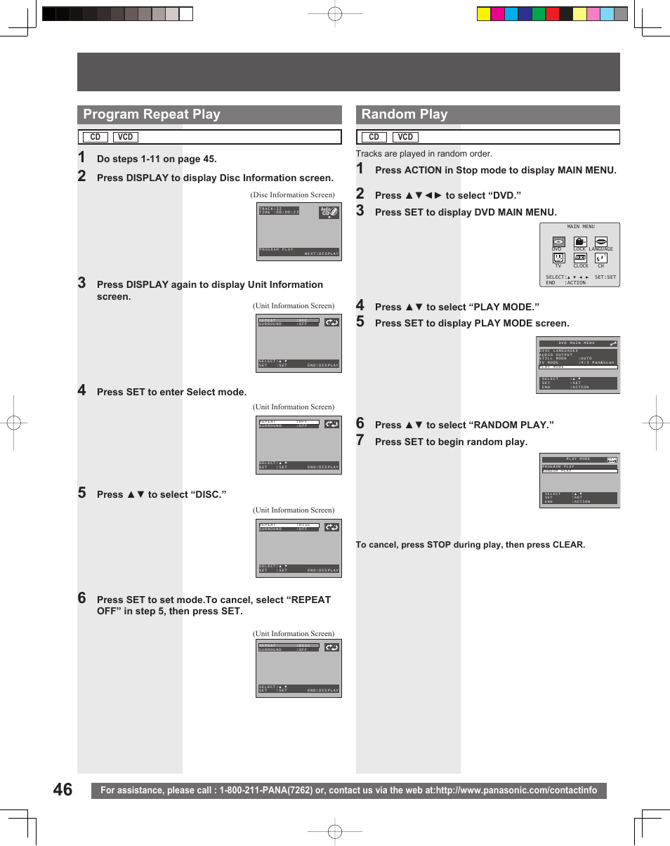 Program repeat play random play | Panasonic PV DF205 User Manual | Page 46 / 64