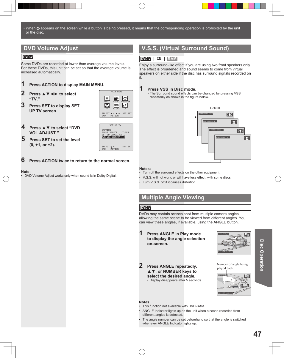 Dvd volume adjust v.s.s. (virtual surround sound), Multiple angle viewing | Panasonic PV DF205 User Manual | Page 47 / 64