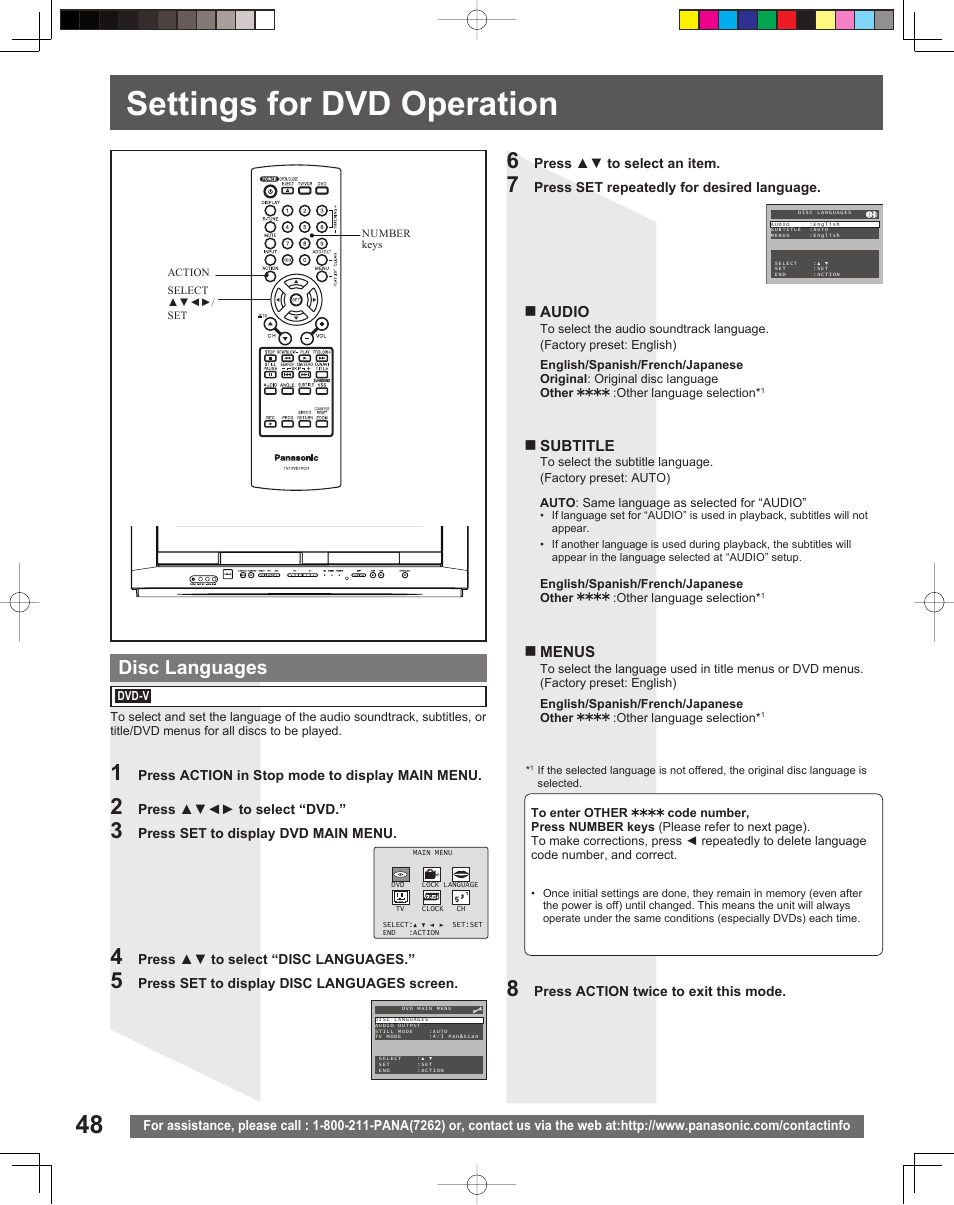 Settings for dvd operation, Disc languages | Panasonic PV DF205 User Manual | Page 48 / 64
