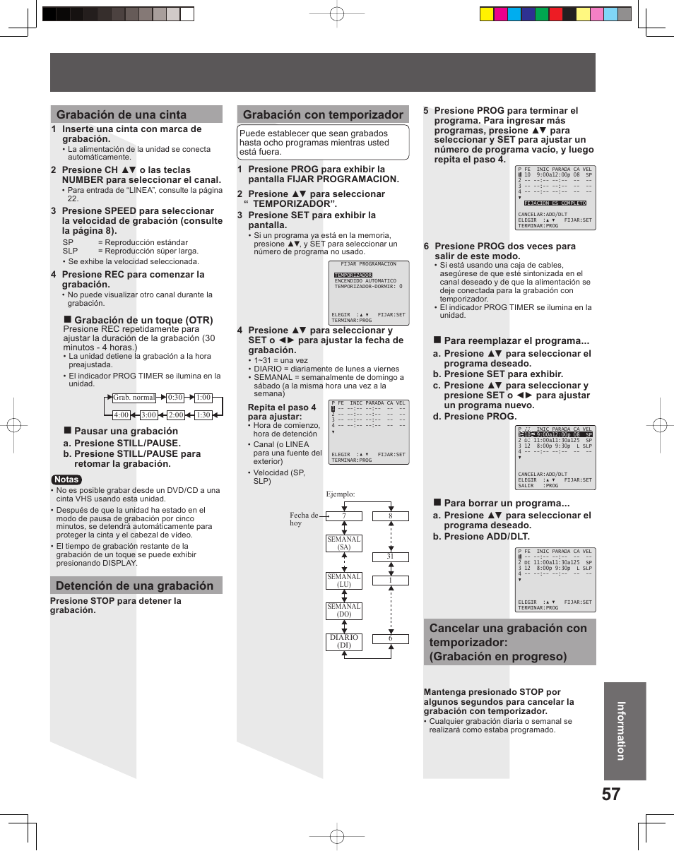 Grabación de una cinta, Detención de una grabación, Informationinformation | Panasonic PV DF205 User Manual | Page 57 / 64