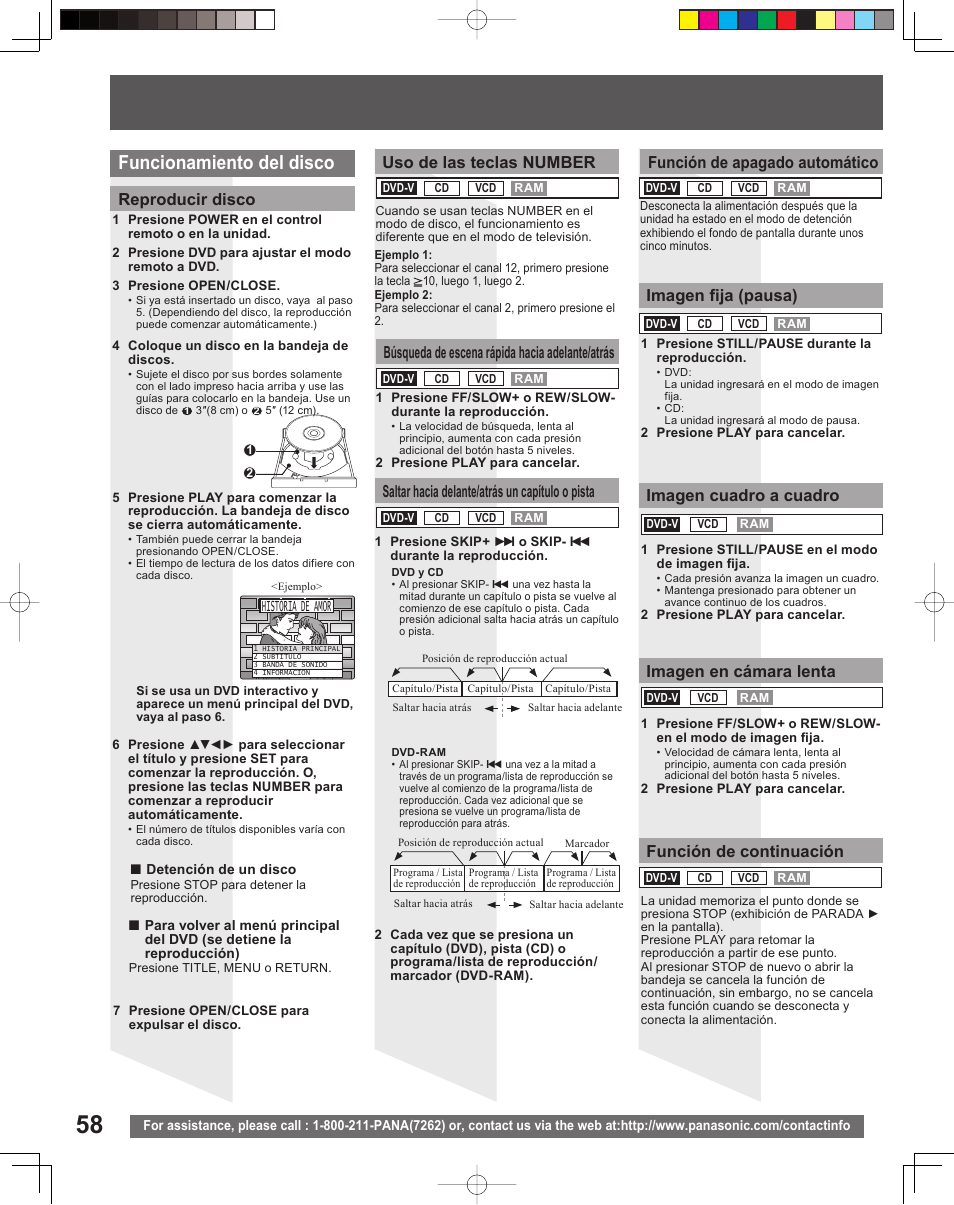 Funcionamiento del disco, Reproducir disco, Historia de amor | Uso de las teclas number, Función de apagado automático | Panasonic PV DF205 User Manual | Page 58 / 64