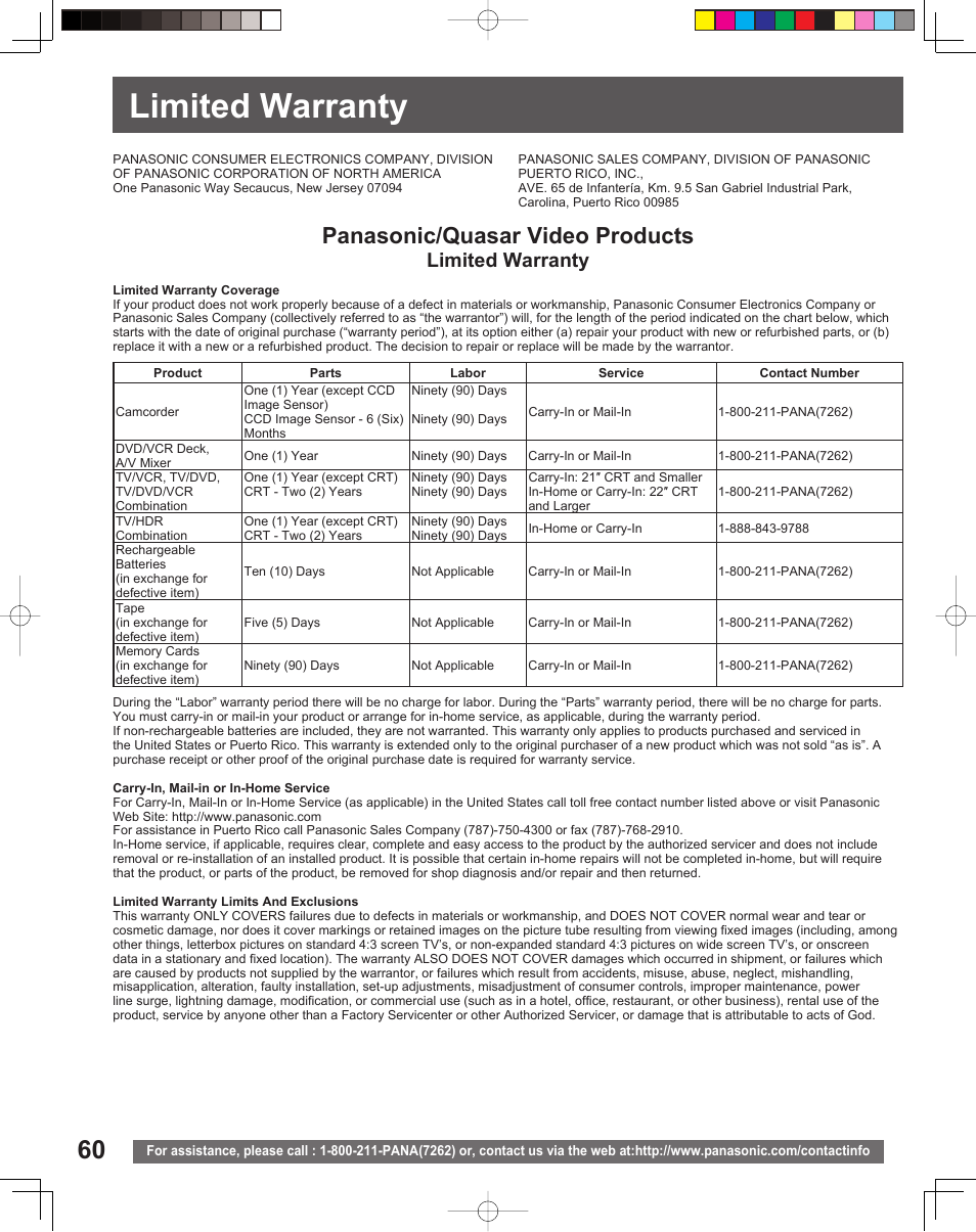 Limited warranty, Panasonic/quasar video products | Panasonic PV DF205 User Manual | Page 60 / 64