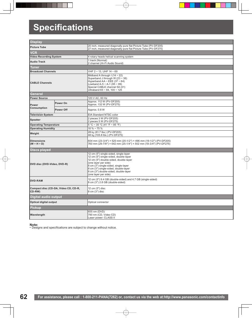 Specifications | Panasonic PV DF205 User Manual | Page 62 / 64