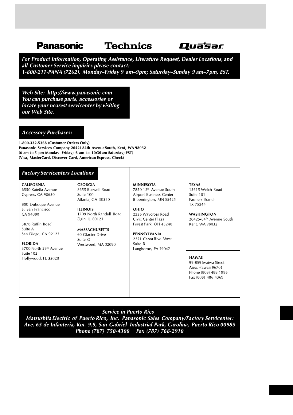 Servicenter list (only for u.s.a.) | Panasonic SC-AK490 User Manual | Page 29 / 32