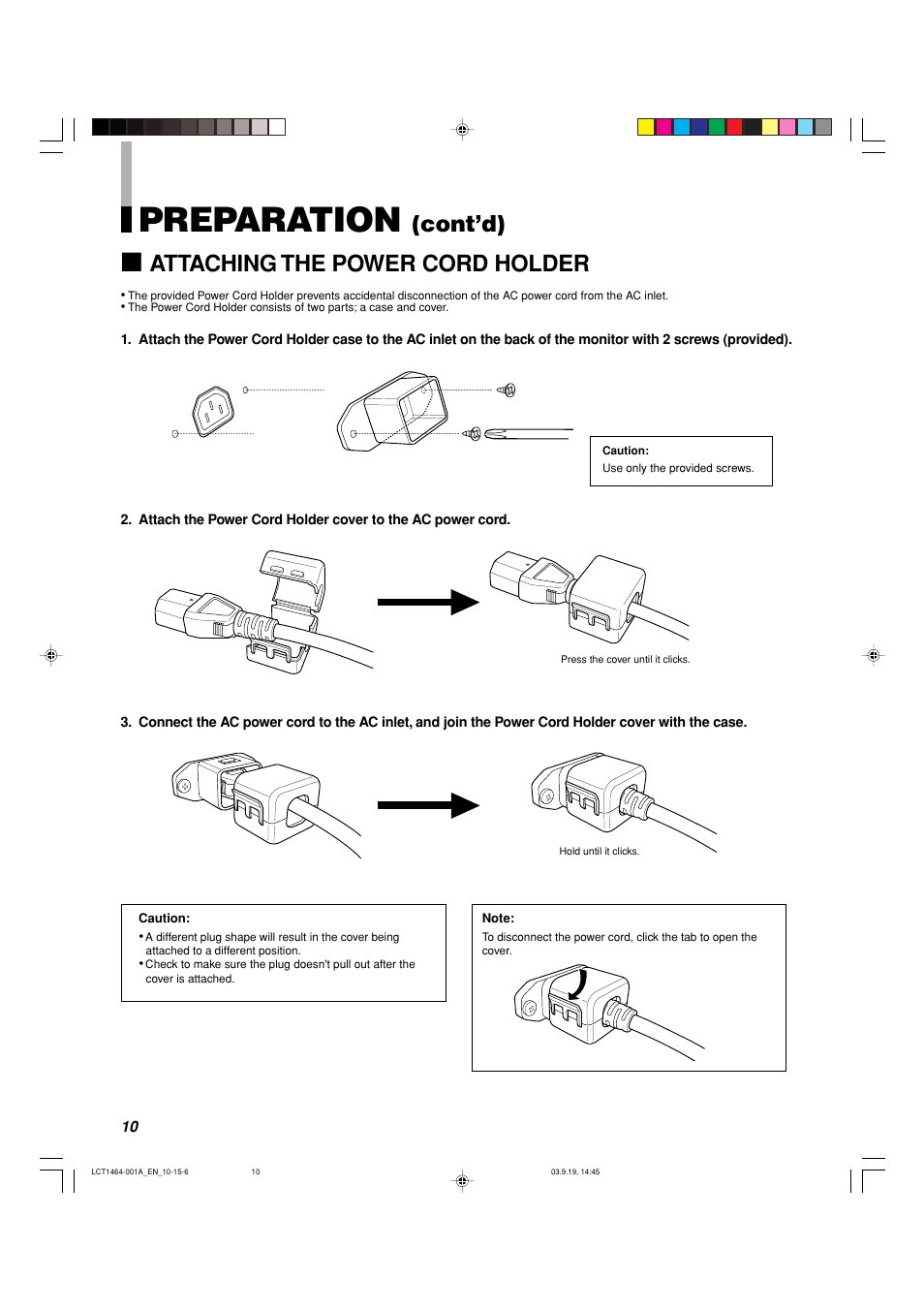 Preparation, Cont’d), Attaching the power cord holder | Panasonic BT-H1700BP User Manual | Page 10 / 28