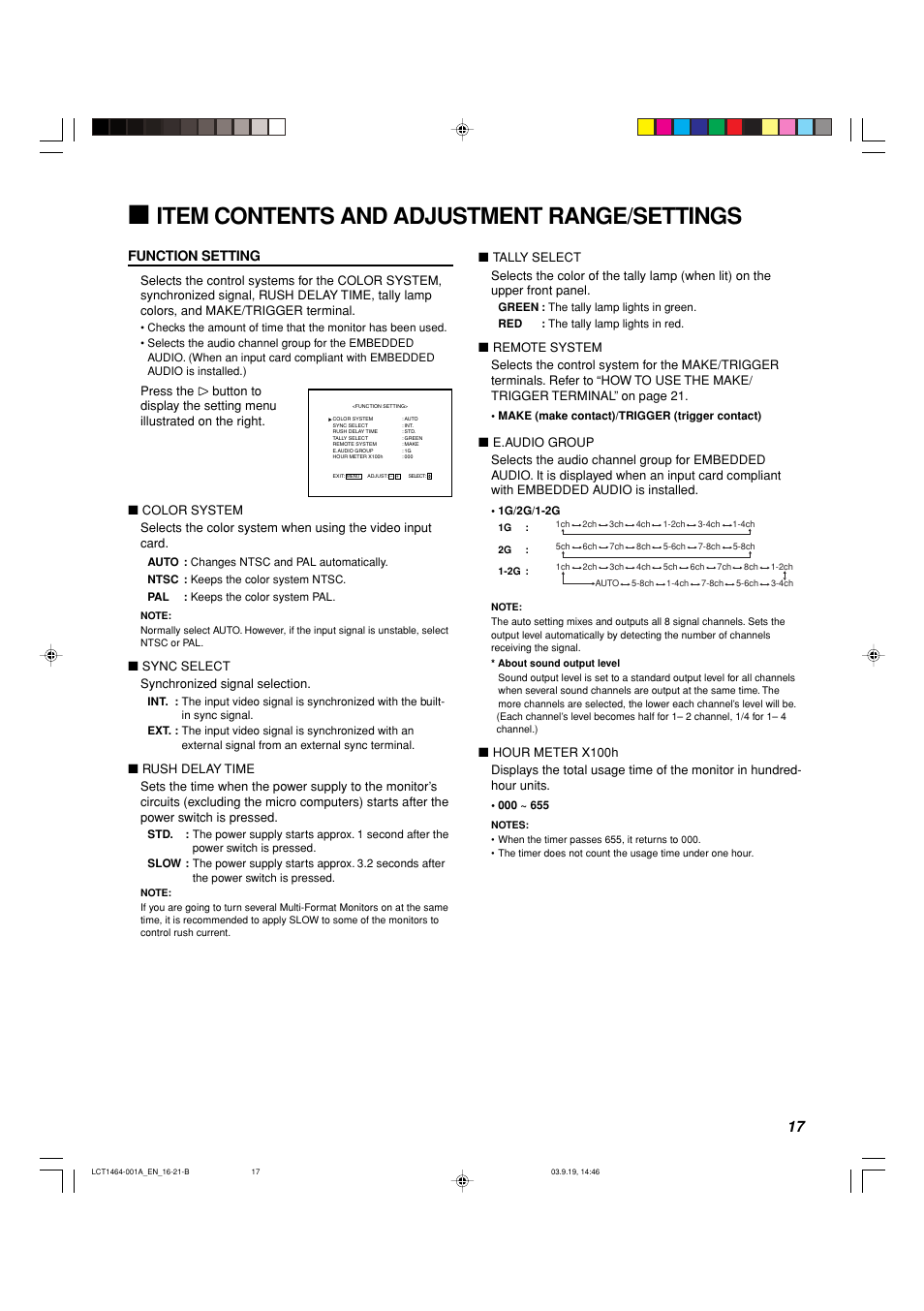 Item contents and adjustment range/settings, Function setting | Panasonic BT-H1700BP User Manual | Page 17 / 28