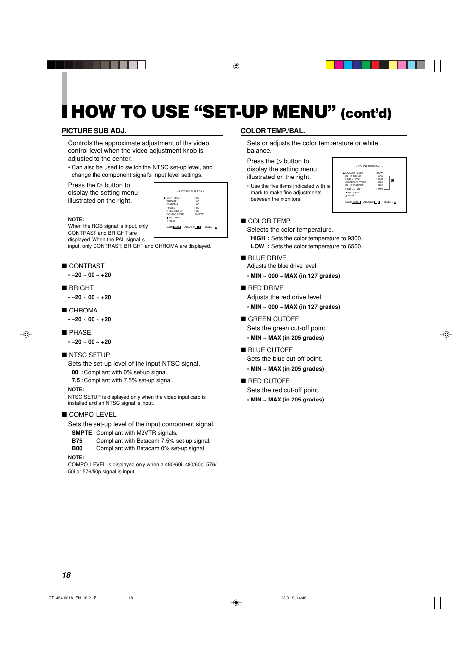 How to use “set-up menu, Cont’d), Color temp./bal | Picture sub adj | Panasonic BT-H1700BP User Manual | Page 18 / 28