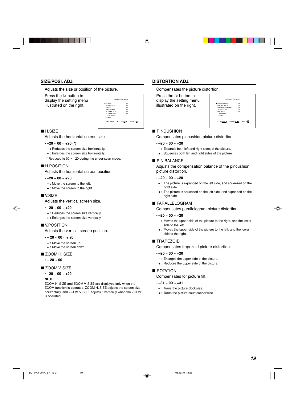 Distortion adj, Size/posi. adj | Panasonic BT-H1700BP User Manual | Page 19 / 28