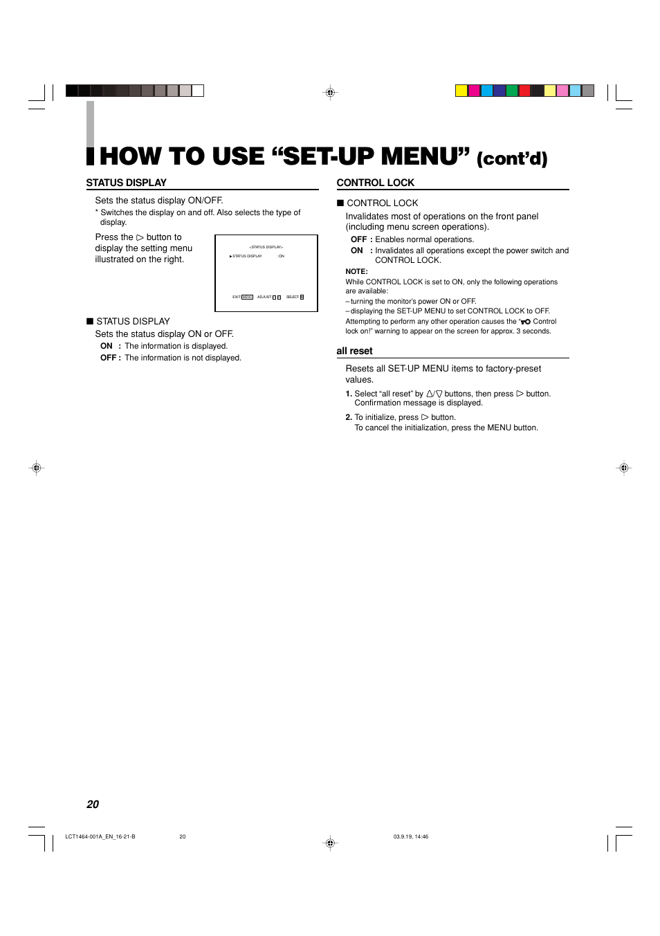How to use “set-up menu, Cont’d) | Panasonic BT-H1700BP User Manual | Page 20 / 28