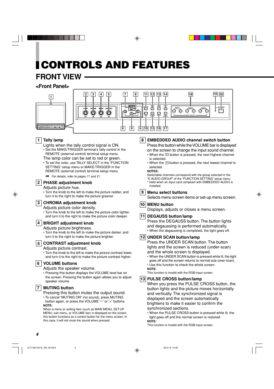 Control and features, Controls and features, Front view | Front panel | Panasonic BT-H1700BP User Manual | Page 4 / 28