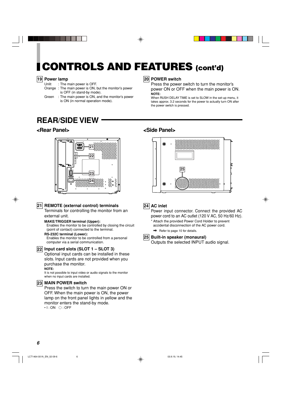 Controls and features, Rear/side view, Cont’d) | Rear panel> <side panel | Panasonic BT-H1700BP User Manual | Page 6 / 28