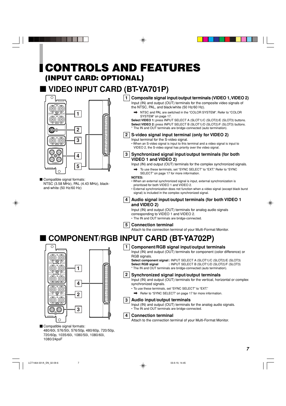 Controls and features (input card: optional), Controls and features, Video input card (bt-ya701p) | Component/rgb input card (bt-ya702p), Input card: optional), Component/rgb signal input/output terminals, Synchronized signal input/output terminals, Audio input/output terminals, Connection terminal, S-video signal input terminal (only for video 2) | Panasonic BT-H1700BP User Manual | Page 7 / 28
