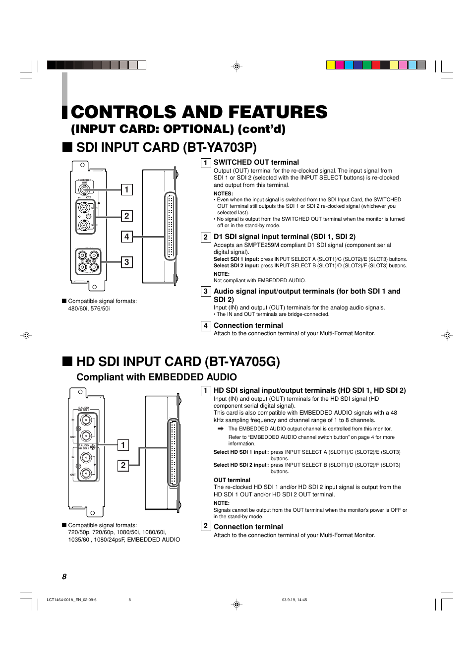 Controls and features, Sdi input card (bt-ya703p), Hd sdi input card (bt-ya705g) | Input card: optional) (cont’d), Compliant with embedded audio | Panasonic BT-H1700BP User Manual | Page 8 / 28
