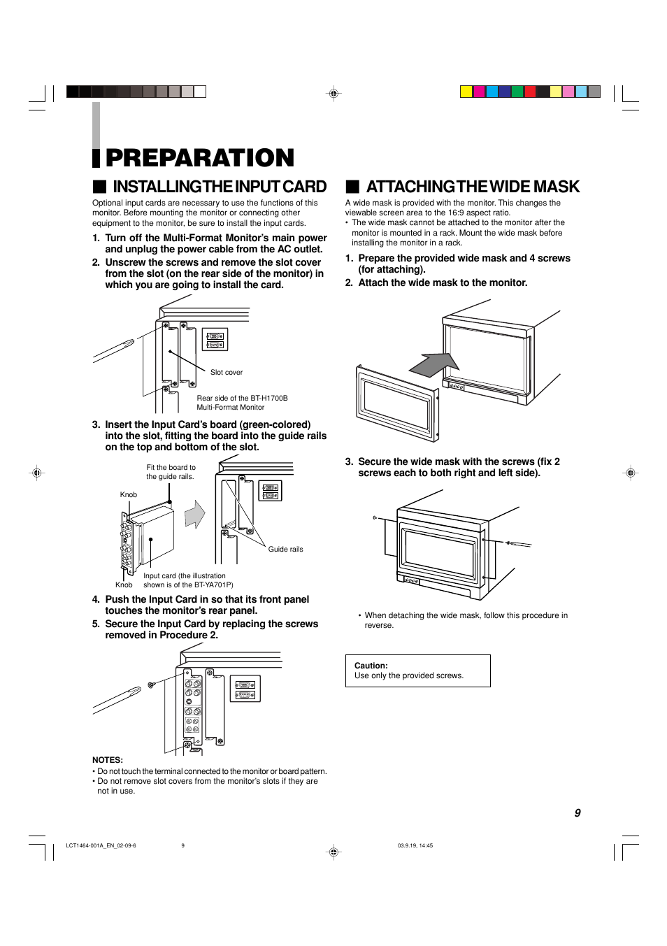 Preparation, Installing the input card, Attaching the wide mask | Panasonic BT-H1700BP User Manual | Page 9 / 28
