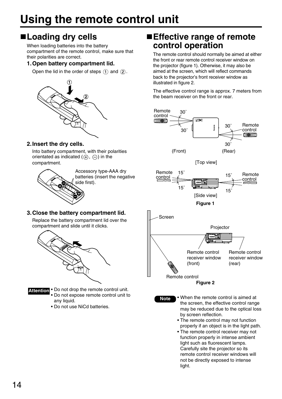 Using the remote control unit, Loading dry cells, Effective range of remote control operation | Panasonic DLP PT-D3500U User Manual | Page 14 / 72