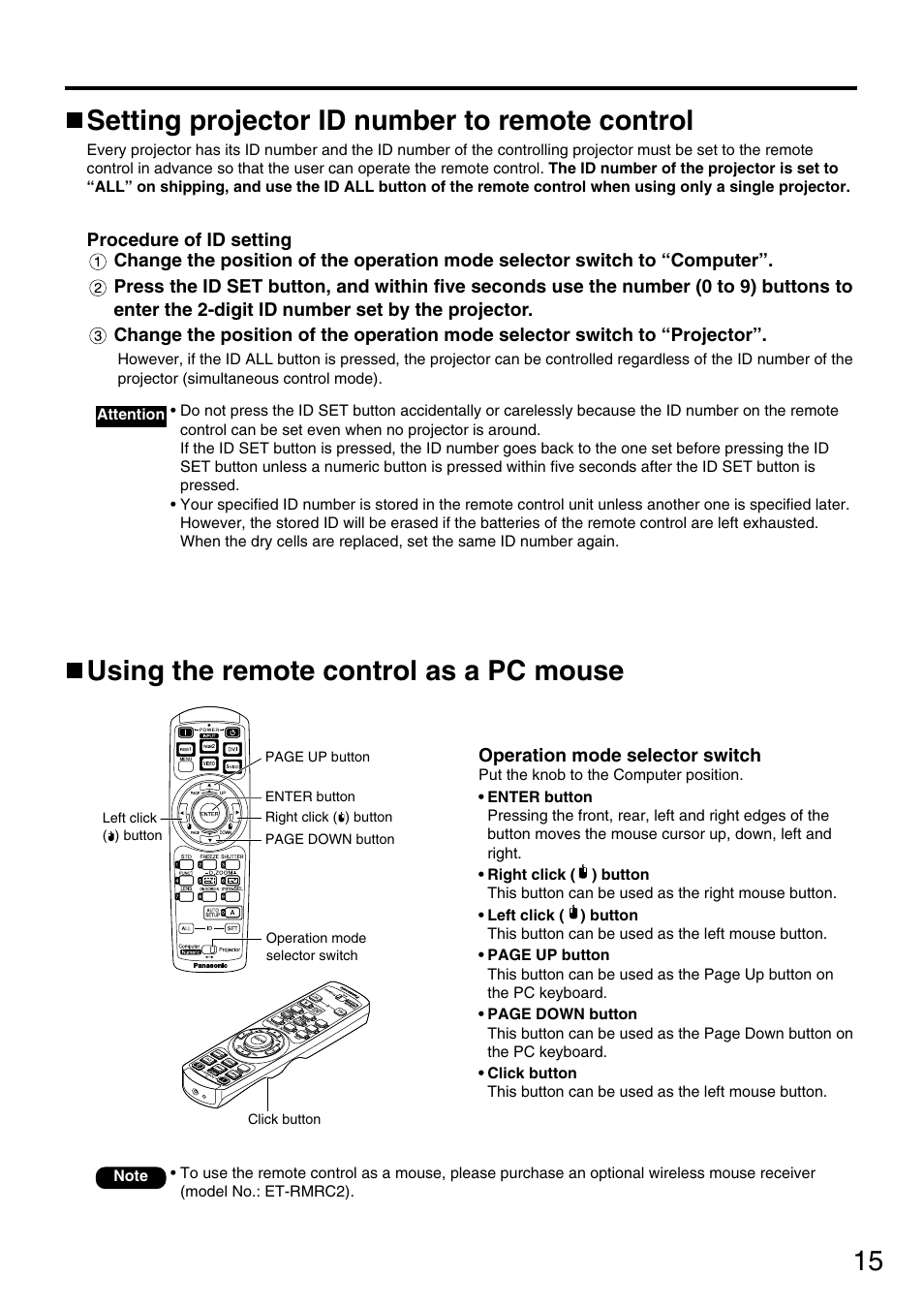 15 using the remote control as a pc mouse, Setting projector id number to remote control | Panasonic DLP PT-D3500U User Manual | Page 15 / 72