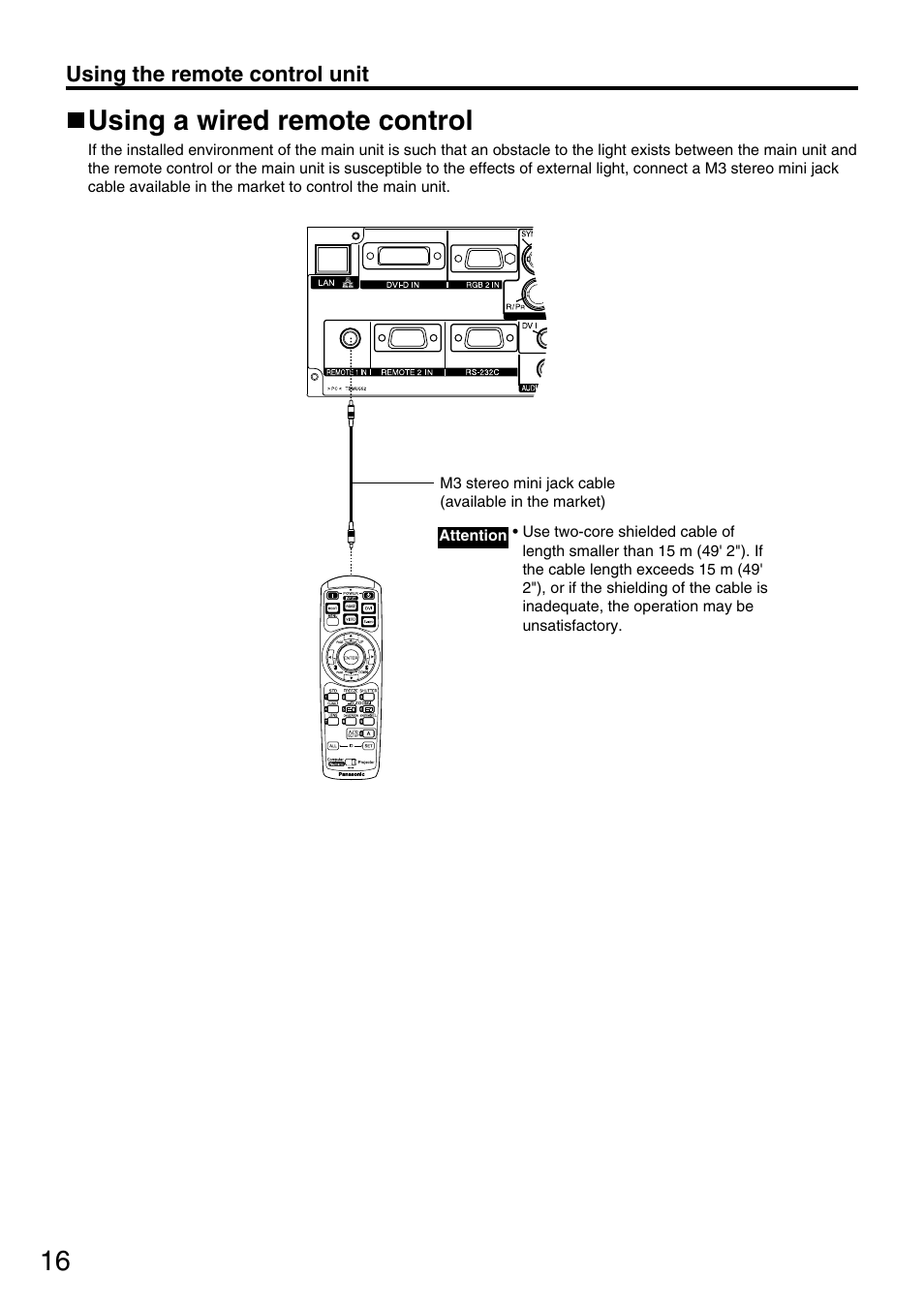 Using a wired remote control | Panasonic DLP PT-D3500U User Manual | Page 16 / 72