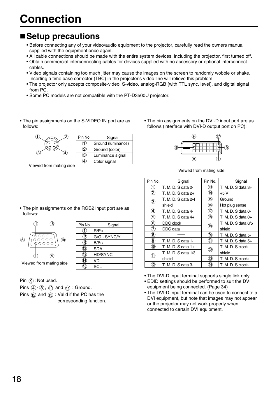 Connection, Setup precautions | Panasonic DLP PT-D3500U User Manual | Page 18 / 72