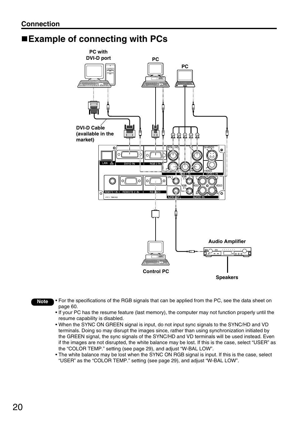 20 example of connecting with pcs, Connection | Panasonic DLP PT-D3500U User Manual | Page 20 / 72