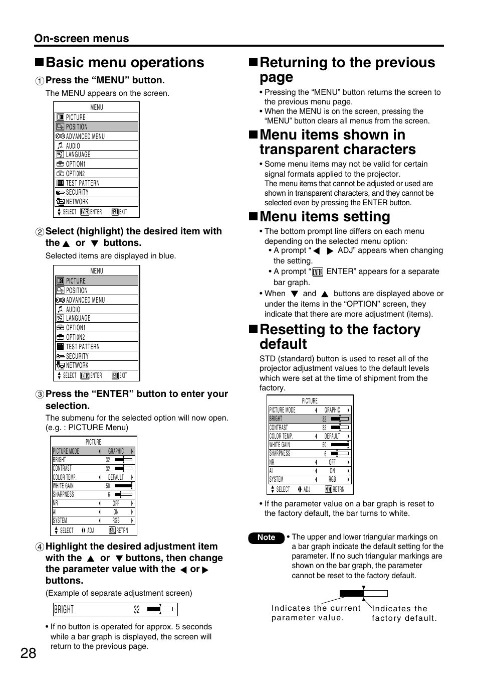 Basic menu operations, Returning to the previous page, Menu items shown in transparent characters | Menu items setting, Resetting to the factory default, On-screen menus, Bright 32 | Panasonic DLP PT-D3500U User Manual | Page 28 / 72