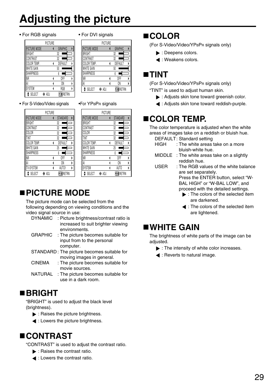 Adjusting the picture, Picture mode, Bright | Contrast, Color, Tint, Color temp, White gain | Panasonic DLP PT-D3500U User Manual | Page 29 / 72