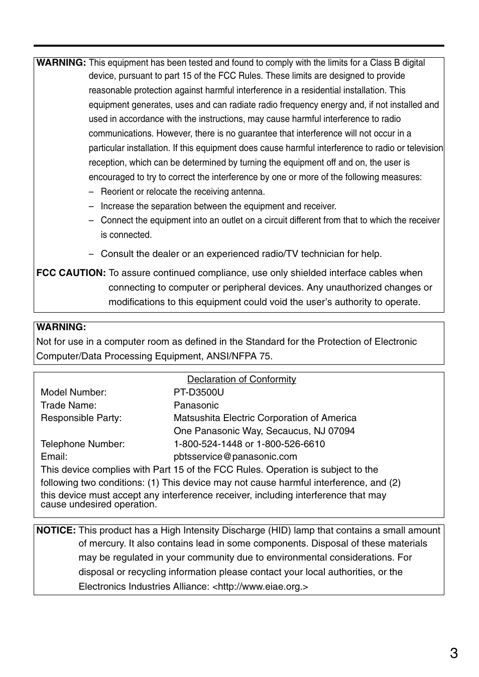 Panasonic DLP PT-D3500U User Manual | Page 3 / 72