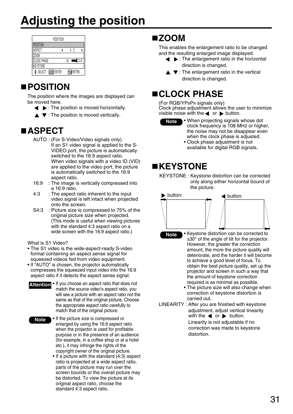 Adjusting the position, Keystone, Position | Aspect, Zoom, Clock phase | Panasonic DLP PT-D3500U User Manual | Page 31 / 72