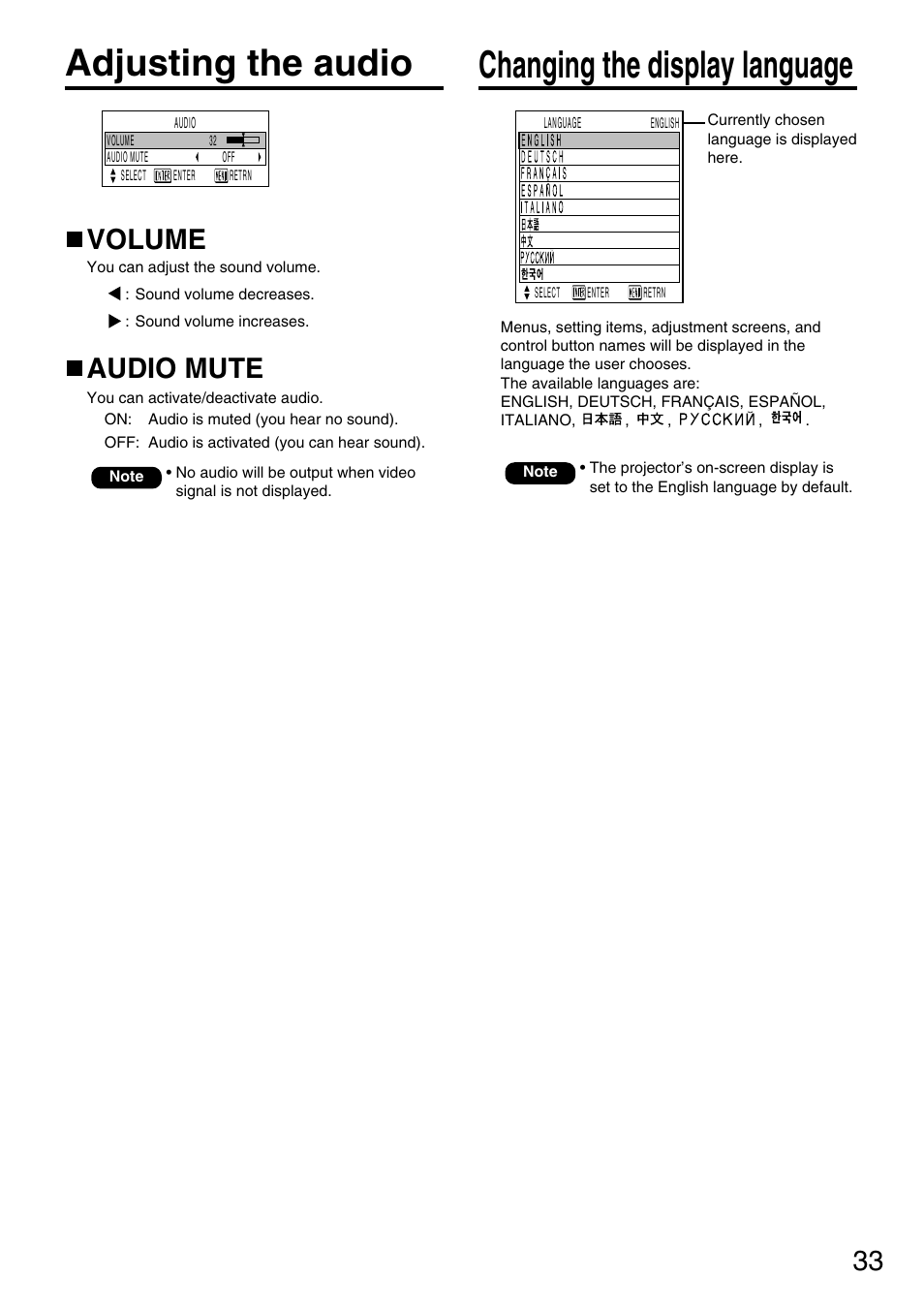 Changing the display language adjusting the audio, Volume, Audio mute | Panasonic DLP PT-D3500U User Manual | Page 33 / 72